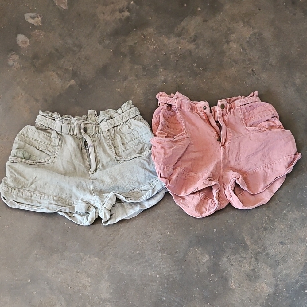 Lot X 2 Free People Distressed Wash Comfy Linen Shorts Khaki XS and Brick Red S